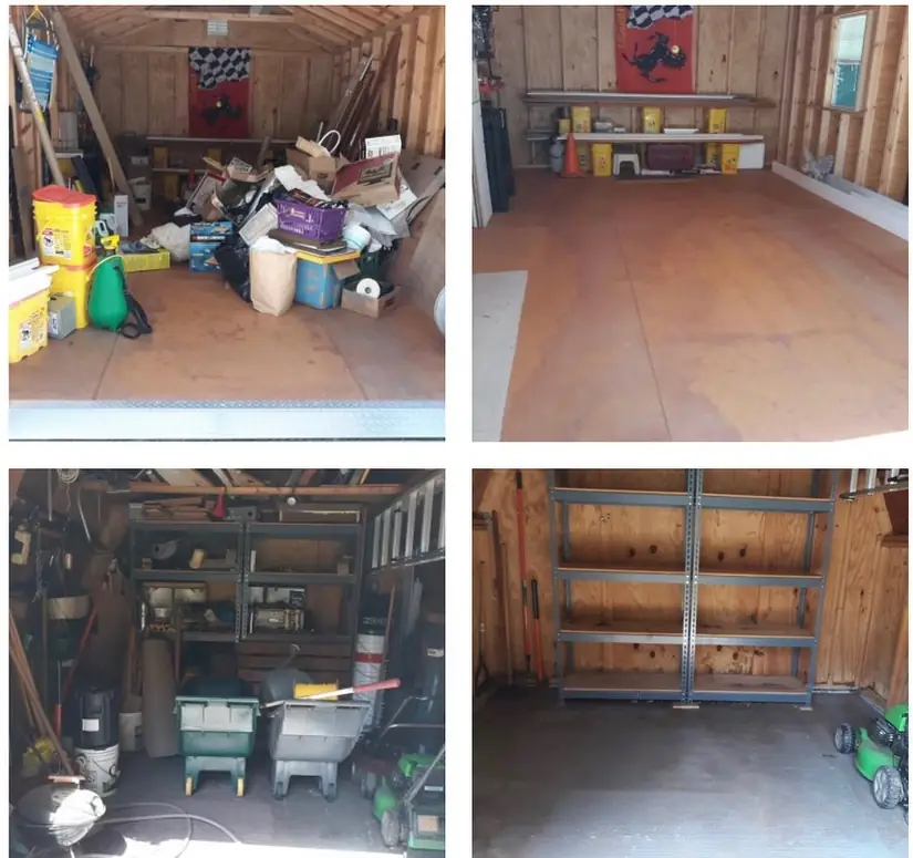 Four views of a shed: two packed to the door, two swept back to an empty plywood floor
