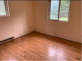 Empty bedroom with a laminate floor and two windows